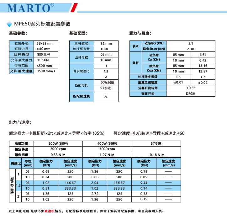 MPE50電動缸標準配置參數